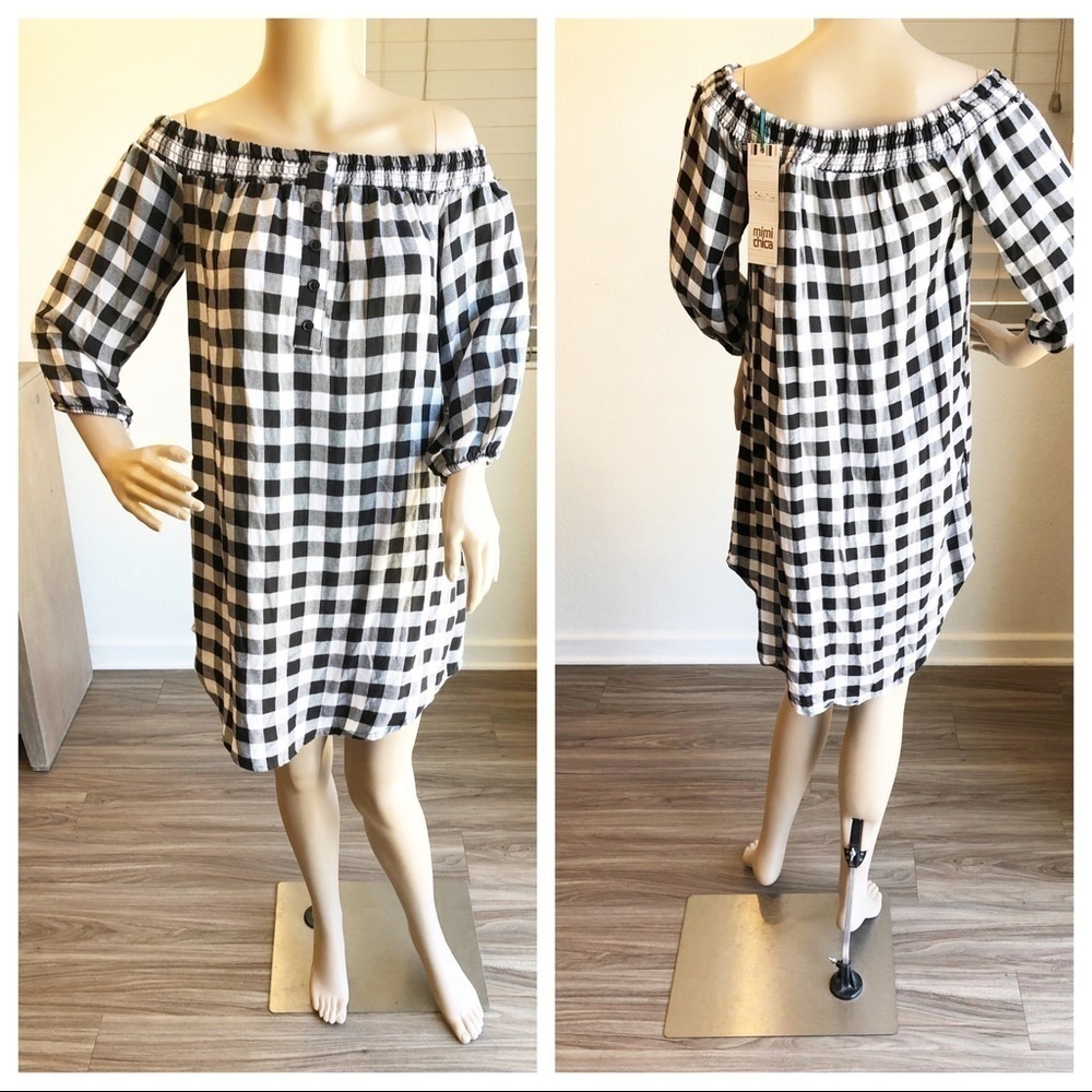 NEW Mimi Chica black/white plaid off the shoulder high low dress